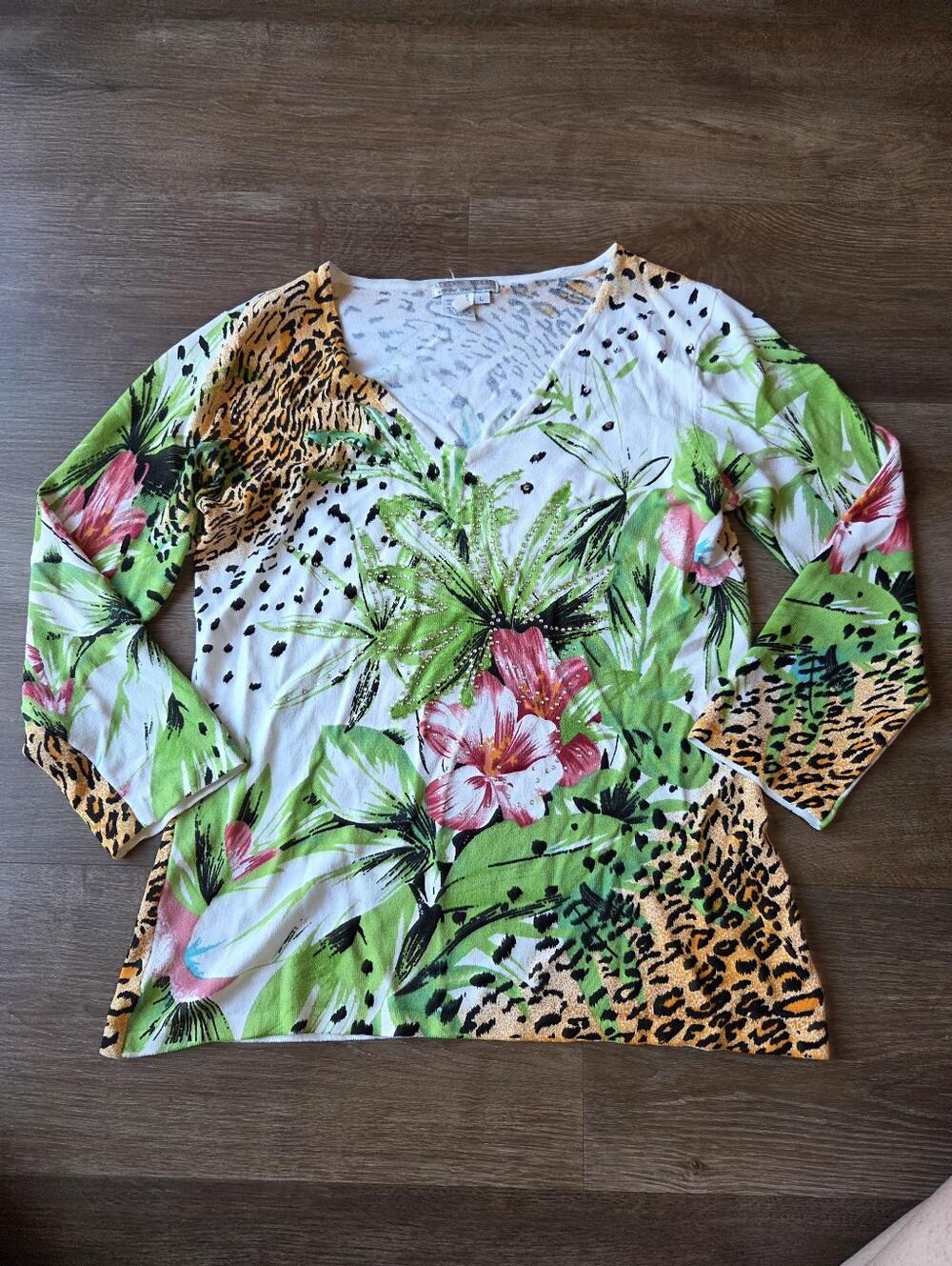 Vintage Alberto Makali Tropical and Animal Leopard Print Rhinestone Blouse Shirt - Picture 3 of 10